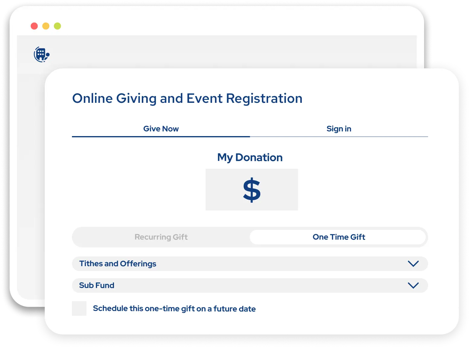 Dashboard showing Online Giving and Event Registration